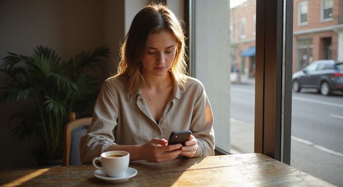Eine nachdenkliche Frau scrollt in einem Café durch eine Dating-App. Eine nachdenkliche Frau scrollt in einem Café durch eine Dating-App für Sexkontakt in Villach.