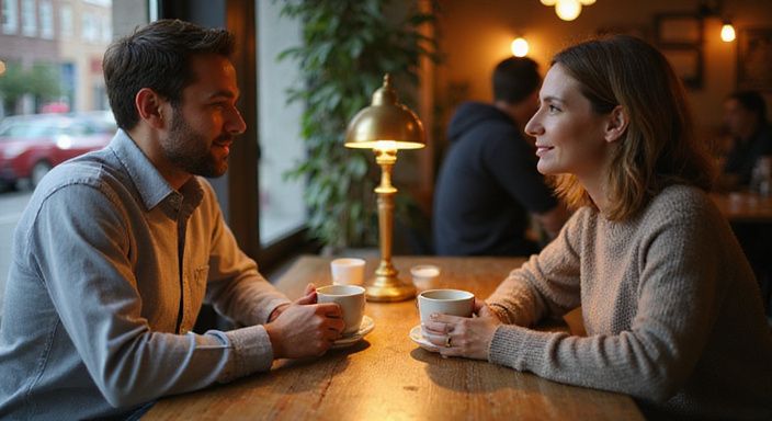 Zwei Menschen in einem Café führen ein intimes Gespräch. Zwei Menschen in einem Café führen ein intimes Gespräch über Sexkontakt in Villach.
