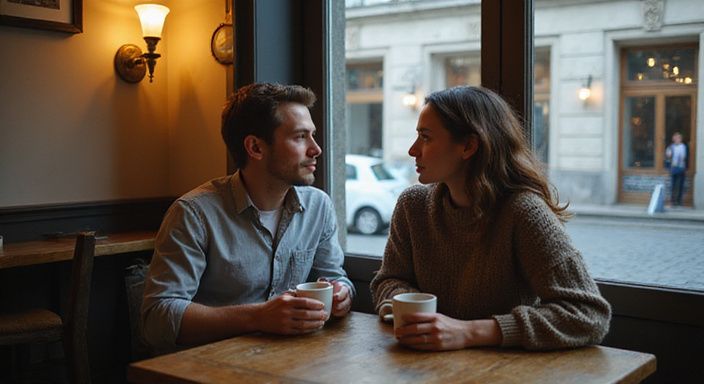Zwei Menschen in einem Café teilen einen intimen Moment. Zwei Menschen in einem Café teilen einen intimen Moment.