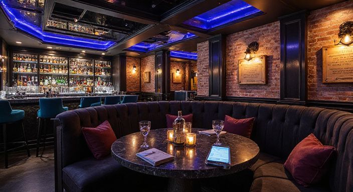 Elegante Nachtclub-Atmosphäre mit stilvollem Interieur und Servicepersonal.