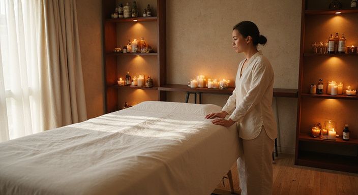Eine ruhige Massagetherapie-Studio mit professioneller Atmosphäre und hochwertiger Einrichtung.