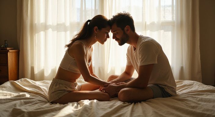 Zwei Paare genießen einen intimen Moment auf Bettwäsche. Zwei Paare genießen einen intimen Moment auf Bettwäsche.