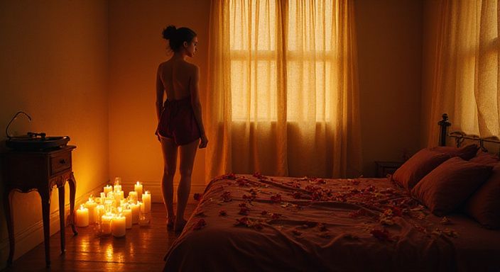 Ein stilvolles Schlafzimmer mit Kerzen, Rosenblättern und einer Person in Seide. Ein stilvolles Schlafzimmer mit Kerzen, Rosenblättern und einer Person in Seide.
