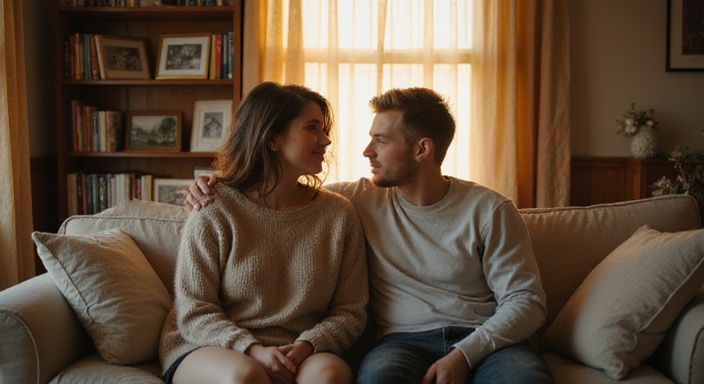 Ein Paar in einem gemütlichen Wohnzimmer zeigt Nähe und Engagement. Ein Paar in einem gemütlichen Wohnzimmer zeigt Nähe und Engagement.