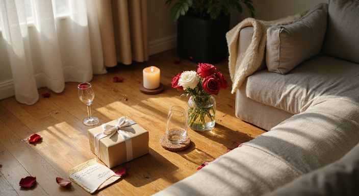 Ein gemütlicher Wohnraum mit Rosen, Geschenken und Kerzen. Ein gemütlicher Wohnraum mit Rosen, Geschenken und Kerzen.