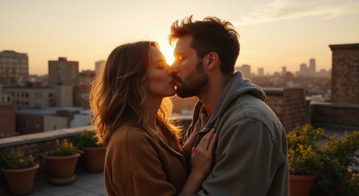 Ein Paar teilt einen intimen Kuss auf einem urbanen Dach. Ein Paar teilt einen intimen Kuss auf einem urbanen Dach.
