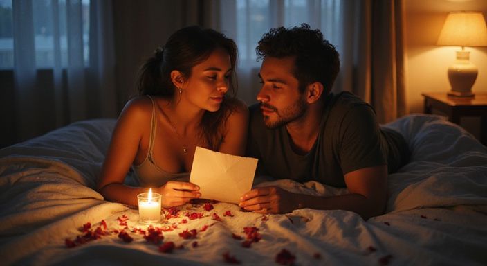 Ein Paar teilt einen intimen Moment mit einem handgeschriebenen Brief. Ein Paar teilt einen intimen Moment mit einem handgeschriebenen Brief.