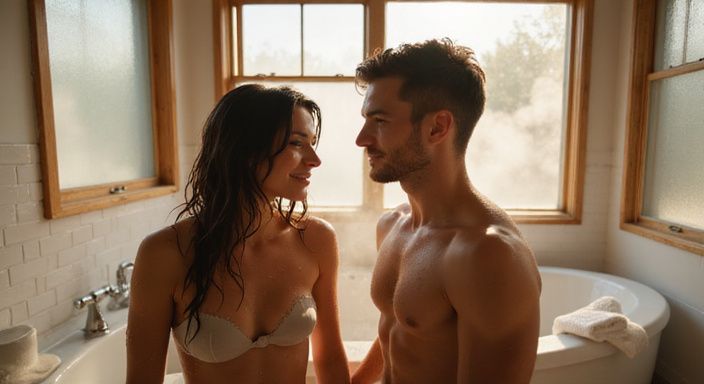 Ein Paar genießt einen intimen Moment in einem modernen Badezimmer. Ein Paar genießt einen intimen Moment in einem modernen Badezimmer.