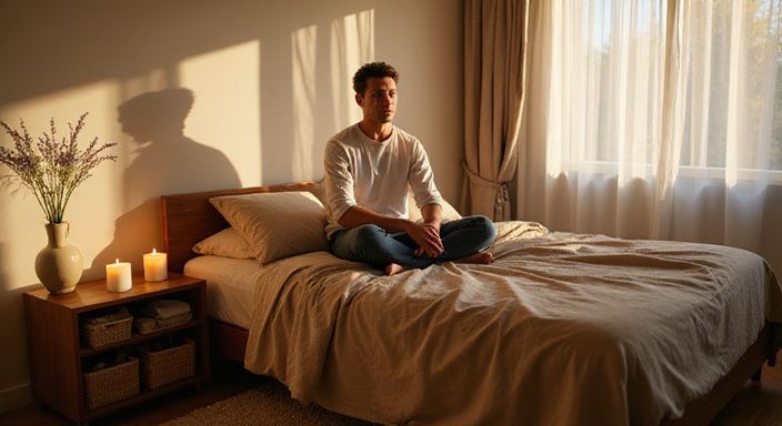 Ein entspannter Mann sitzt nachdenklich am Bett in einem gepflegten Schlafzimmer. Ein entspannter Mann sitzt nachdenklich am Bett in einem gepflegten Schlafzimmer.