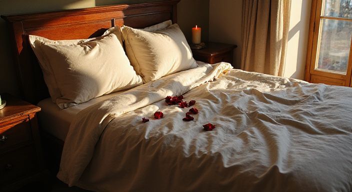 Ein ungemachtes King-Size-Bett mit burgunderfarbenen und cremefarbenen Bettwaren. Ein ungemachtes King-Size-Bett mit burgunderfarbenen und cremefarbenen Bettwaren.
