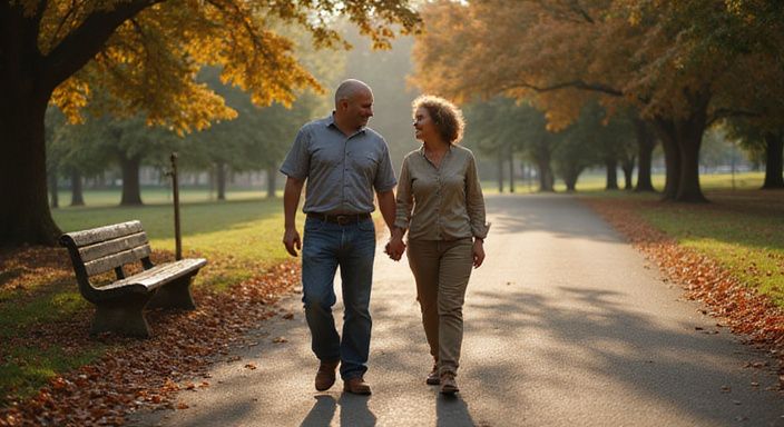 Ein mittleres Paar spaziert glücklich Hand in Hand im Park. Ein mittleres Paar spaziert glücklich Hand in Hand im Park.