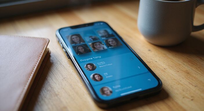 Ein iPhone 14 Pro zeigt Dating-App-Profile auf einem Schreibtisch.