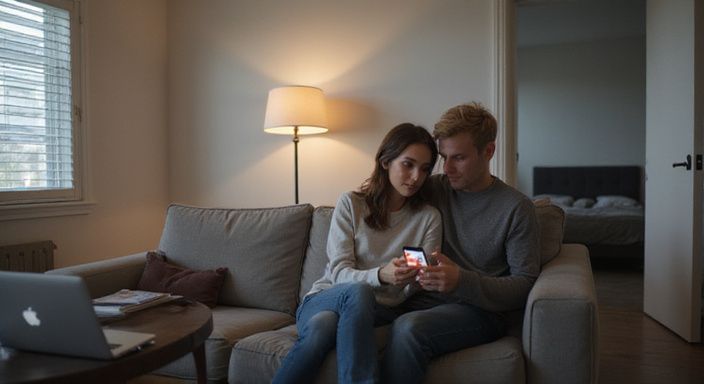 Ein Paar sitzt gemütlich auf einem grauen Sofa und schaut auf ein Smartphone.