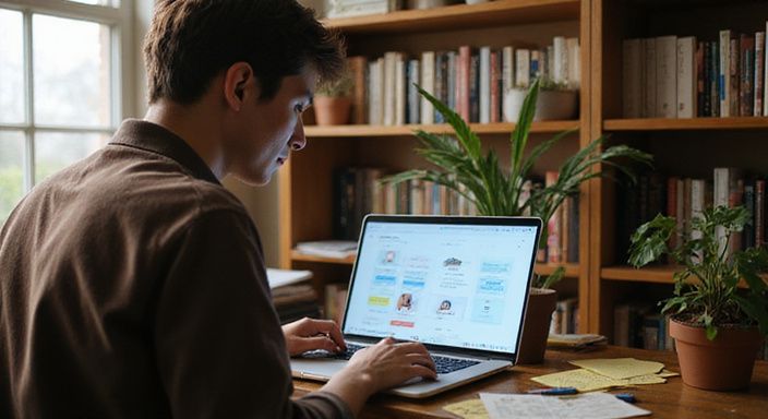 Eine Person arbeitet konzentriert an einem Laptop in einem Homeoffice.