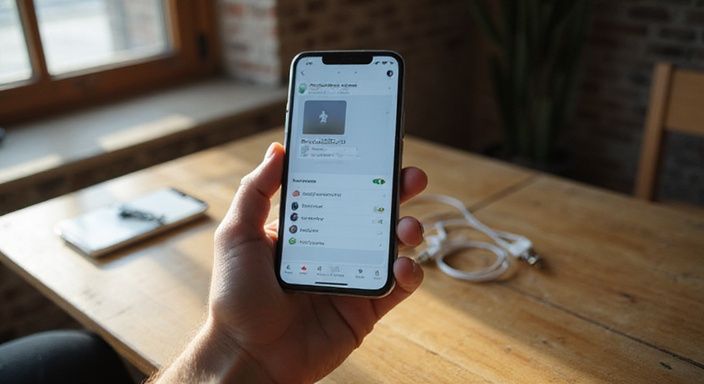 Ein junger Mann nutzt sein Smartphone auf einem verwitterten Holzschreibtisch.
