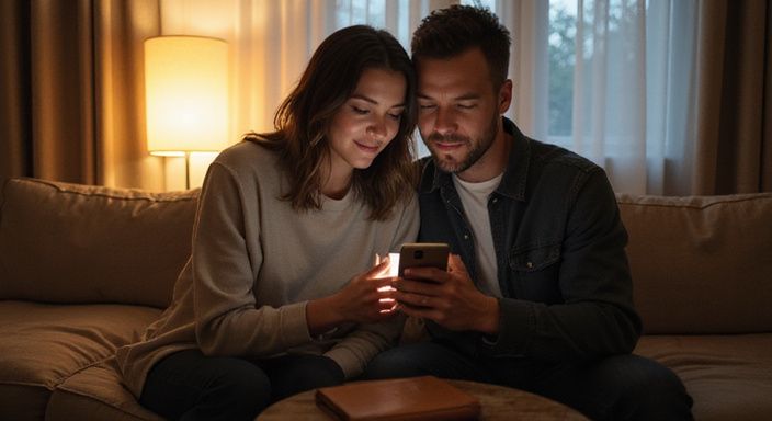 Ein Paar sitzt nah beieinander und schaut gemeinsam auf ein Smartphone