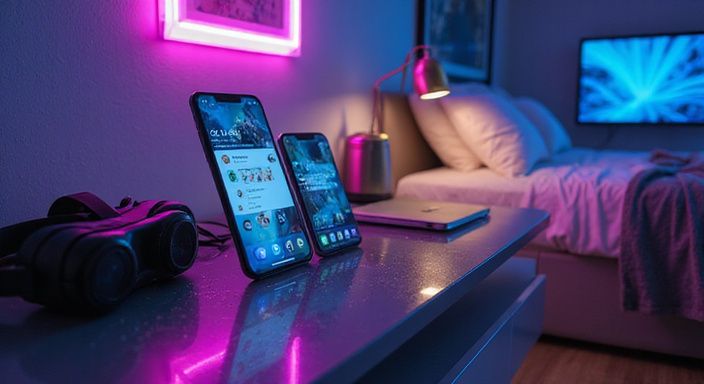 Moderner Schlafraum mit Smartphones, VR-Headsets und ungemachtem Bett.
