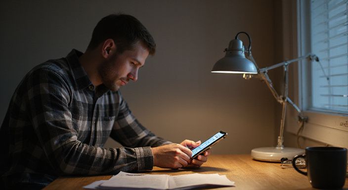 Eine skeptische Person betrachtet aufmerksam ihr Smartphone in einem Homeoffice.