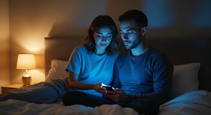 Ein Paar sitzt eng zusammen auf einem modernen Bett.
