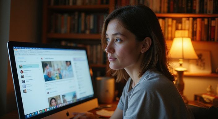 Eine Frau konzentriert sich auf eine Dating-App in ihrem Heimoffice.
