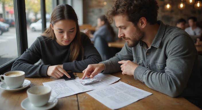 Ein Paar konzentriert sich auf Notizen bei einem Cafébesuch. Ein Paar konzentriert sich auf Notizen bei einem Cafébesuch.