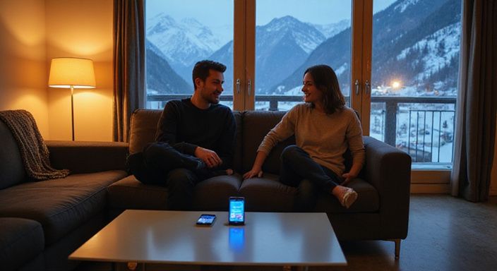 Zwei Erwachsene entspannen sich in einer modernen Alpenwohnung und reden. Zwei Erwachsene entspannen sich in einer modernen Alpenwohnung und reden.