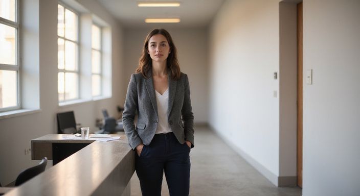 Eine Frau in einem eleganten Anzug steht in einem minimalistischen Flur. Eine Frau in einem eleganten Anzug steht in einem minimalistischen Flur.