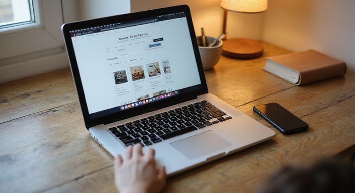 Ein aufgeräumter Schreibtisch mit MacBook Pro und iPhone. Ein aufgeräumter Schreibtisch mit MacBook Pro und iPhone.