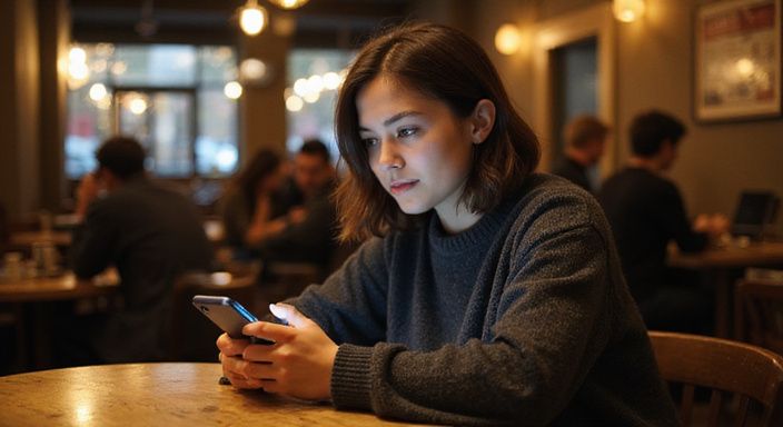 Eine Frau in einem Café konzentriert sich auf ihr Smartphone. Eine Frau in einem Café konzentriert sich auf ihr Smartphone.