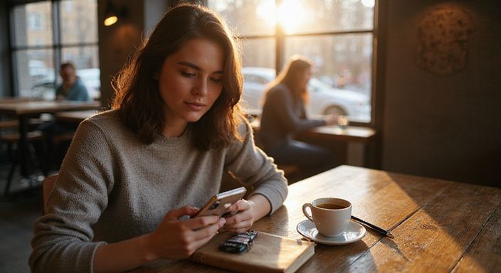 Eine nachdenkliche Frau nutzt eine Dating-App in einem Café. Eine nachdenkliche Frau nutzt eine Dating-App für Sexkontakt in Feldkirch in einem Café.